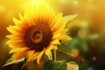 Fototapeta premium Vibrant sunflower against a golden bokeh background, symbolizing summer and growth