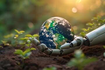 Robot Hands Cradling the Earth in a Natural Setting