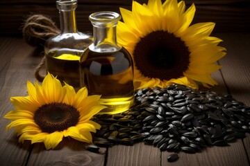 Naklejka premium Transparent Sunflower oil bottle. Nutrition summer. Generate Ai