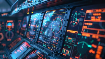 Illuminated control panels and flight instruments dominate the cockpit dashboard in low light conditions.