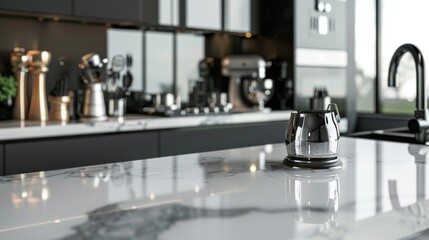 Modern tabletop, reflecting the sheen of stainless steel appliances, contemporary kitchen gadgets