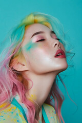 Naklejka premium A woman with colorful hair and makeup.