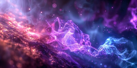 Shiny Purple Light Illuminating Colorful Low-Polygon D Objects in a Galaxy. Concept Galactic Art, Low-Polygon Design, Shiny Purple Light, 3D Objects, Colorful Illumination