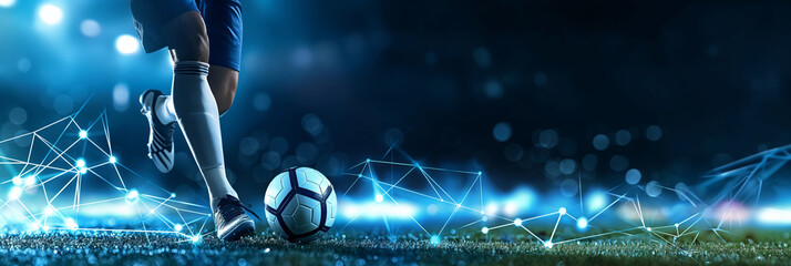Soccer player in action, kicking ball on digitally enhanced field with glowing lines banner