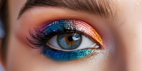Obraz premium Beautiful woman's blue eye with eyeshadow makeup in close-up.