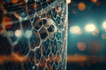 Soccer ball caught in net with colorful bokeh light in background