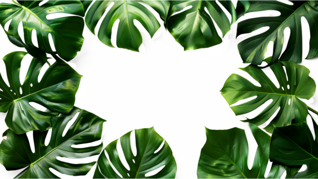 Monstera tropical leaves on transparent background. Flat lay, top view.