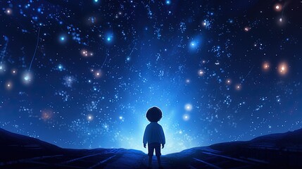 Fototapeta premium Kid dreaming of spaceflight on sky background