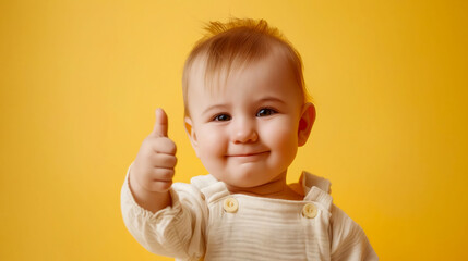 A baby is giving the thumbs up on a yellow background.