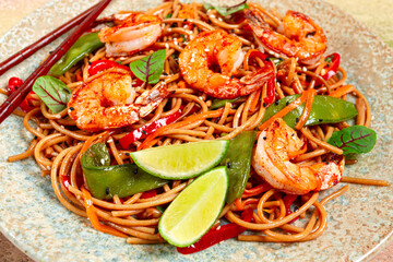 fried udon noodles with shrimp and vegetables, Asian cuisine, homemade, no people,