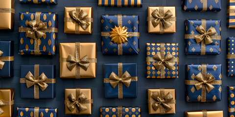 Blue gift boxes with a gold bow gold stars and shiny confetti on a blue background Christmas banner.
