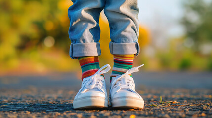Garotinho vestindo diferentes pares de meias e tênis branco ao ar livre. Pés de criança com meias que não combinam. Dia Odd Socks, Semana Anti-Bullying.