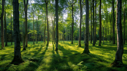 Soft morning sunlight filters through the trees in a beautiful green forest landscape