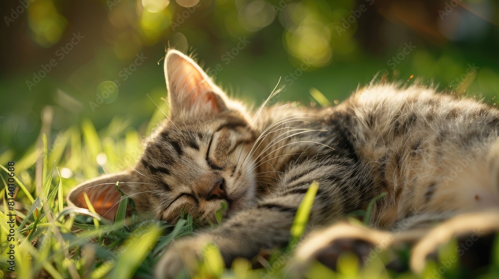 Poster A cat is resting on the grass randomly