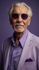 Gray-haired elderly man in stylish club clothes on a violet background.