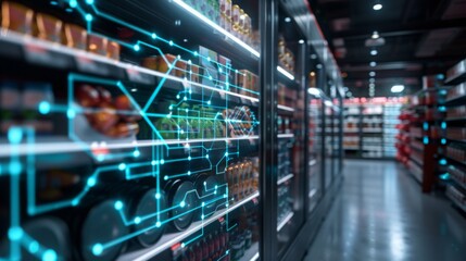 A modern grocery store aisle is overlaid with glowing digital graphs and analytics, symbolizing data-driven retail strategies.