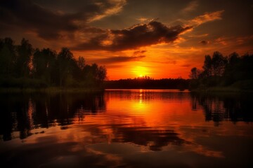 Breathtaking sunset with vibrant colors reflecting on a tranquil lake surrounded by trees