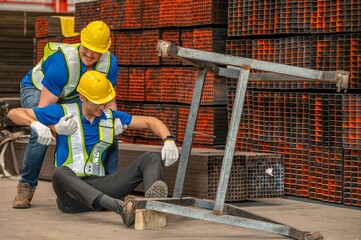 A worker fell and injured his leg at a construction site. Another worker is helping him.