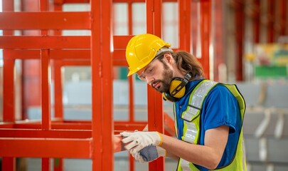 A man wearing a hard hat and safety vest is inspecting a metal frame.