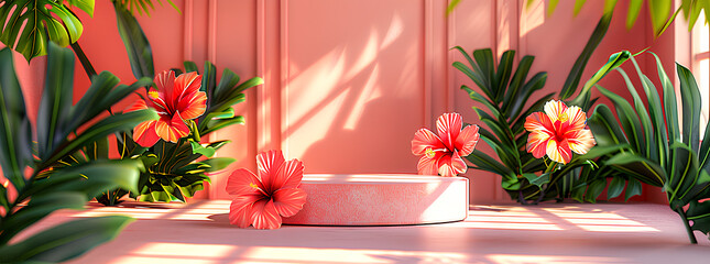 Tropical Flowers Background Podium for Product Presentation. Cosmetic scene sale. Mockup template. Generative AI.