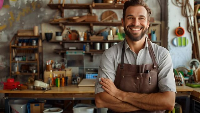 male carpenter in a workshop, smiling with woodworking tools, crafts around