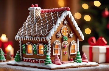 Gingerbread house on the christmas table with copy space 
