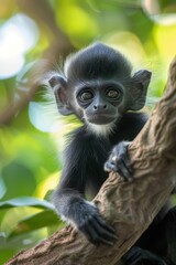Obraz premium A black monkey perched on a tree branch, suitable for nature and wildlife concepts