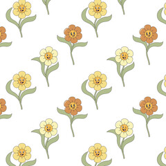 Groovy flowers in trendy retro psychedelic style. Seamless pattern. Modern design for print, wrapping paper, textile, fabric, wallpaper, texture.