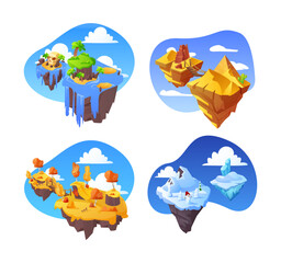 Obraz premium Fantasy islands floating in the sky vector set, tropical, ice and desert land, winter and autumn islands, game platforms