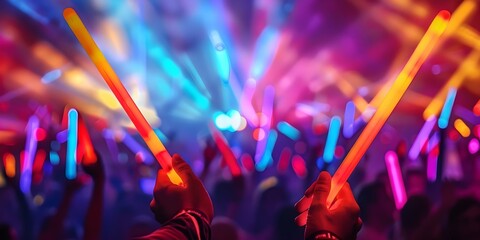 Closeup of hands holding glow sticks at rave with blurred dancing crowd. Concept Rave Photography, Glow Sticks, Closeup Hands, Blurred Crowd, Nightlife Scenes