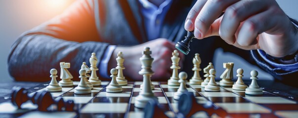 Man contemplating chess move in game strategy