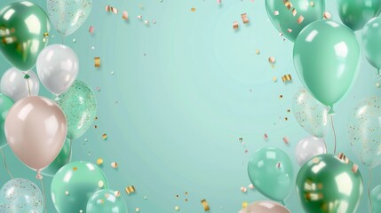 Green and pink balloons with gold confetti on a blue background.