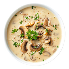 Bowl of cream mushroom soup isolated on white background