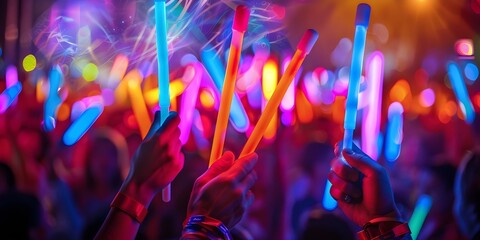 Hands holding glow sticks at rave with blurred dancing crowd in the background. Concept Rave Photography, Glow Sticks, Blurred Crowd, EDM Festival, Nightlife Scenes