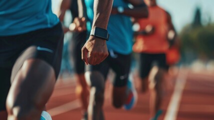 A group of individuals running alongside each other on a track, focused and determined to reach the finish line.