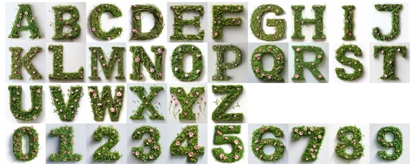 set of alphabet made of grass with pink flowers isolated on white, nature letters
