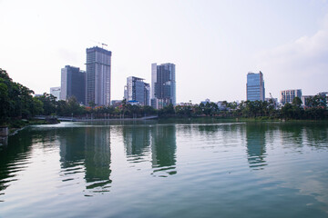 Beautiful Skylark landscape view of Hatirjheel lake with blue sky in Dhaka-Bangladdesh