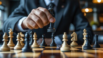 Closeup of a CEOs hands adjusting chess pieces on a board that metaphorically represents market positions, strategic documents spread around