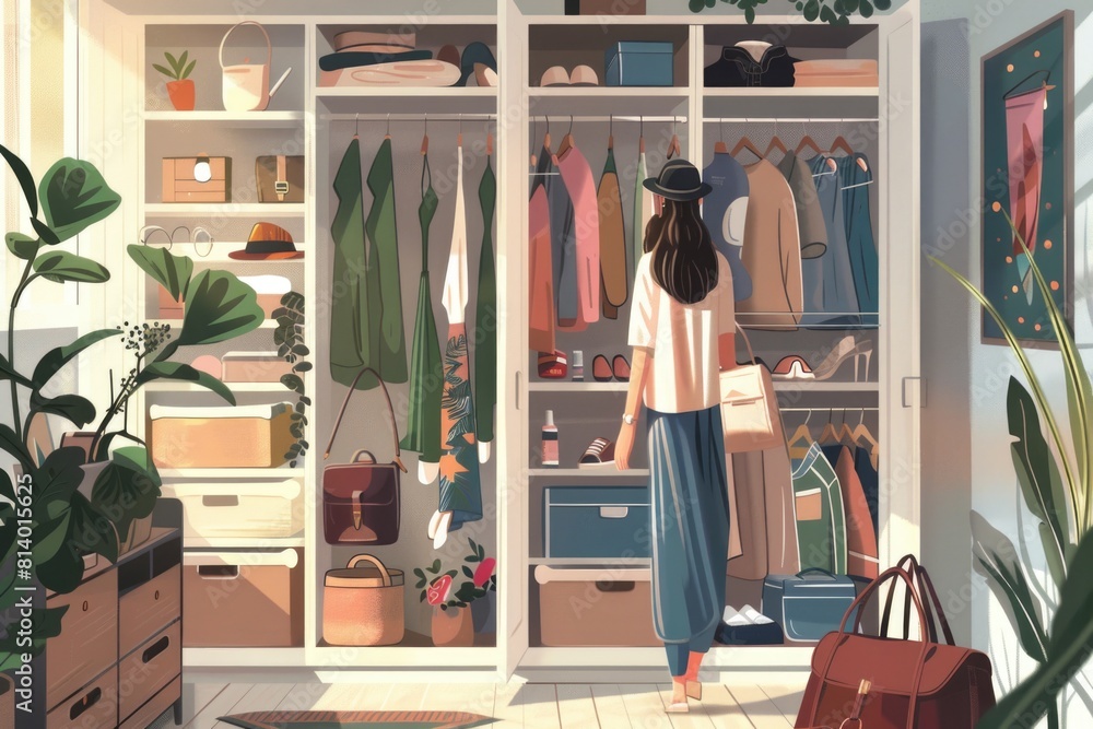 Poster a woman standing in front of a closet filled with clothes. suitable for fashion and organization con