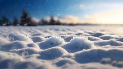 Winter snow background with snowdrifts, with beautiful light and snow flakes on the blue sky in the evening, banner format, copy space.