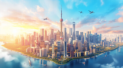 Toronto skyline with CN Tower in the center.