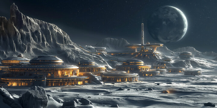 A futuristic space colony on a barren moon