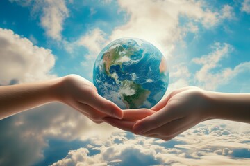 Hands Holding Earth Globe Against Sky Background