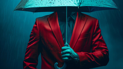 Vermilion Suited Arm Shielding Dollar Sign with Cerulean Umbrella Against Dramatic Blue Backdrop