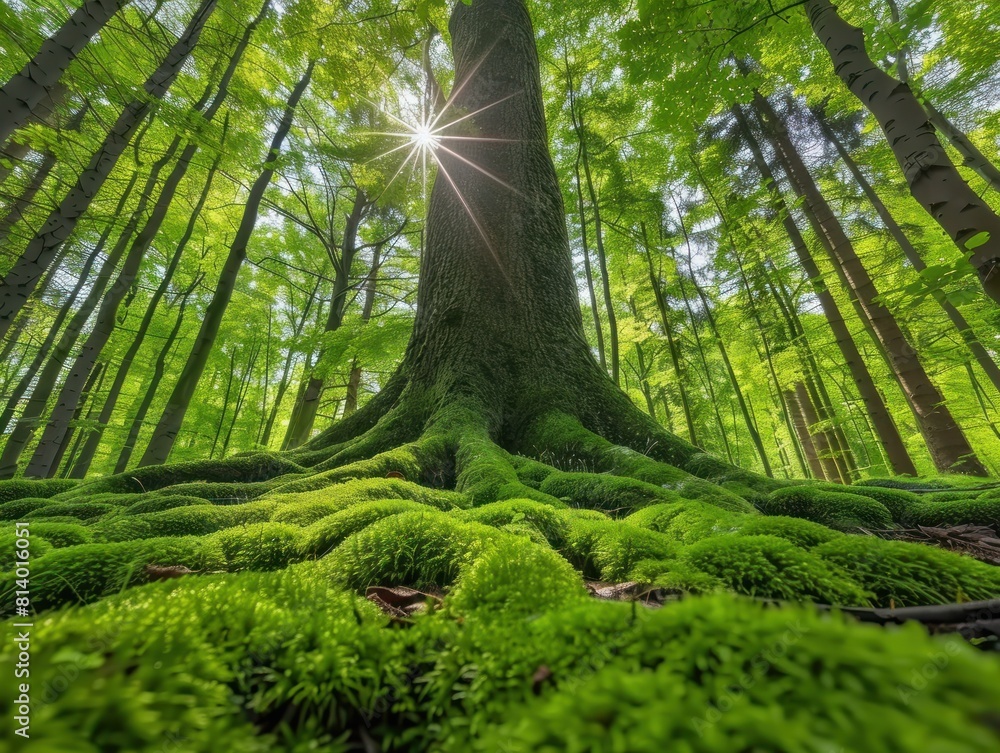 Poster sunlight filtering through dense forest canopy of tall trees