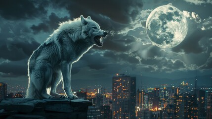 A wolf howls at the moon in the middle of a city.