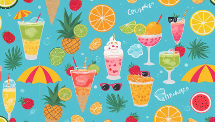 Cartoon summer cocktails, alcoholic or non-alcoholic refreshing drinks with straw lemon mint lime ice cocktail bar menu set vector illustration
