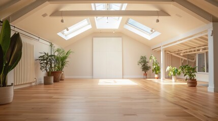 Bright and airy yoga studio with hardwood floors and minimalist decor, serene space for mindfulness and meditation