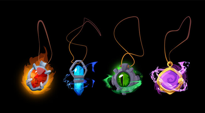 Set of 3D vector game amulets with different stones and crystal on an isolated background.
