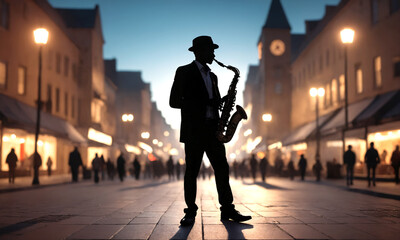 A black saxophone player is standing in the middle of a crosswalk in an urban city street, wearing a suit and hat. Street music. Photo. - Powered by Adobe